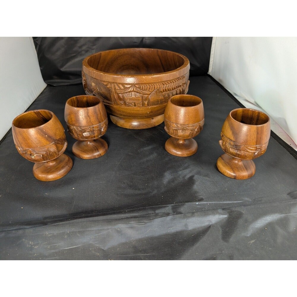 Vintage Hand carved Wooden Teak Village Footed Bowl with Goblets set of 4